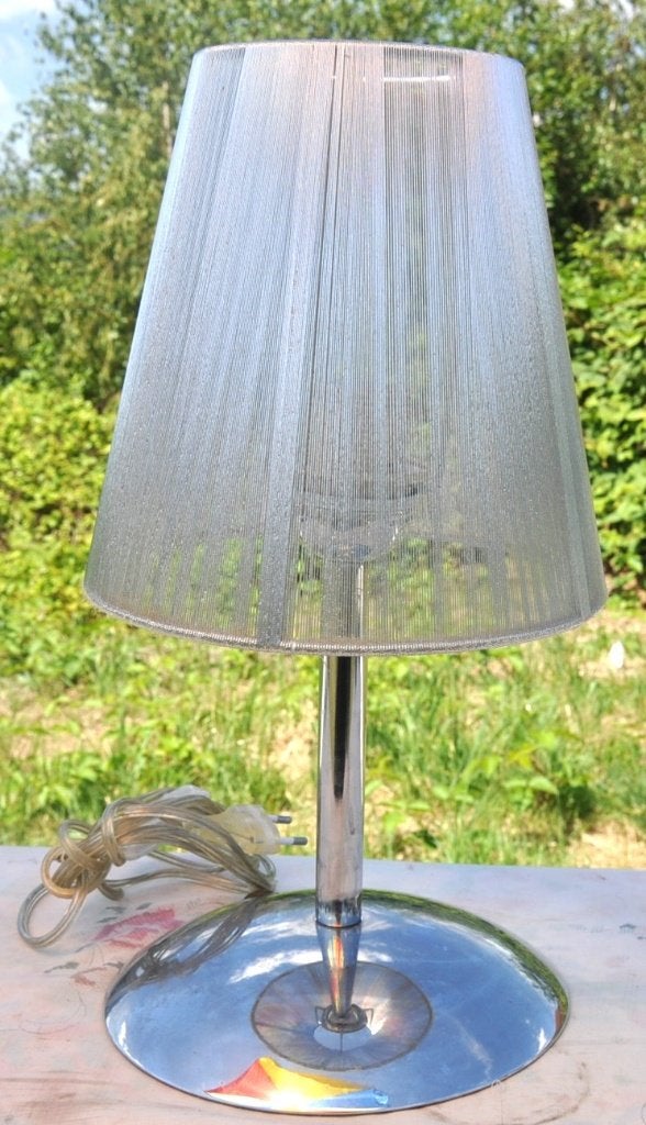 lampe de table pied rond chromé abat jour fil argenté, Metaal, Gebruikt, Tafellamp, Rond