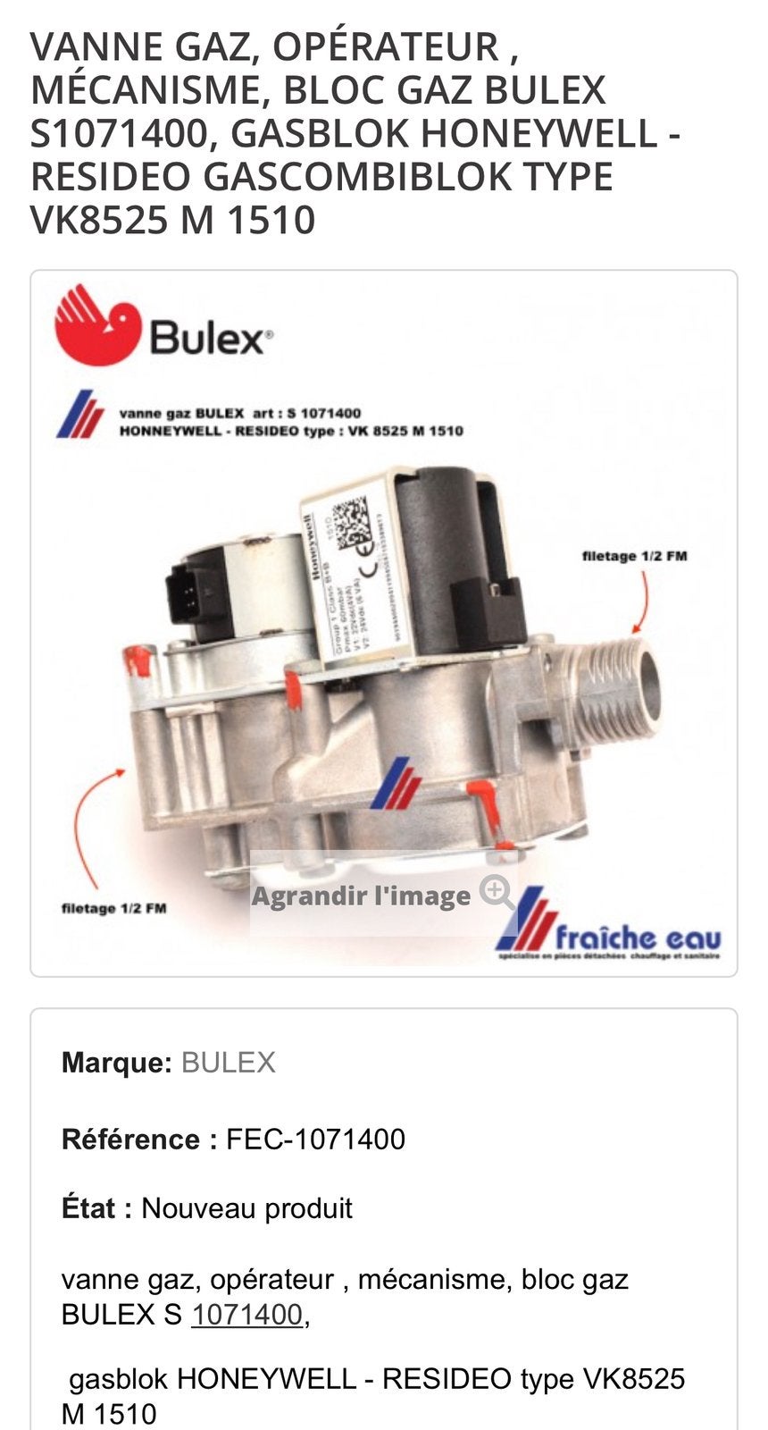 Piece Bulex S 1071400 neuf, Enlèvement, Neuf