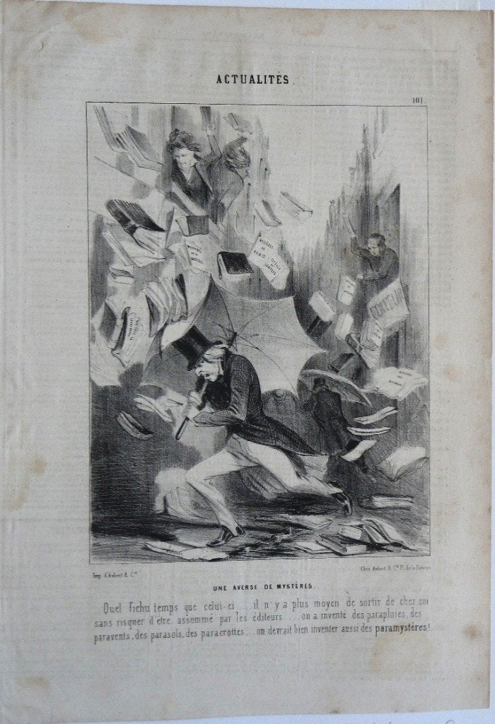 litho "Une Averse des Mystères", ca. 1840, uit "Charivari", Antiquités & Art, Double face, Enlèvement, Personnages et figures fantastiques