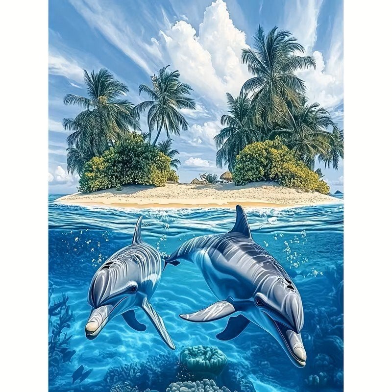 Peinture au diamant 50x40cm, dauphins insulaires (carr n 4, Neuf, Enlèvement ou Envoi, Bleu, Éducatif