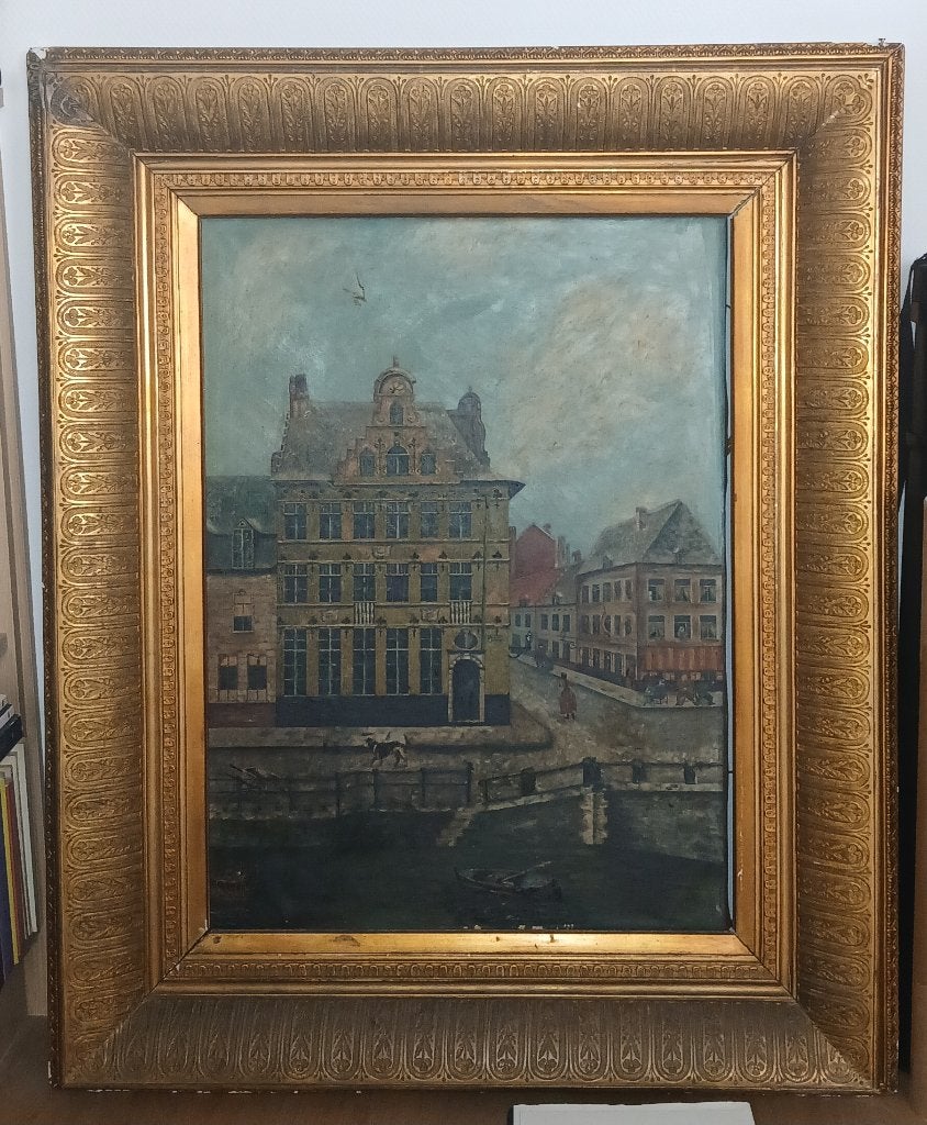 1892 Antiek schilderij Brussel Baksteenkaai 85 x 103 cm, Enlèvement, Cadre spécial, Paysage urbain / rural