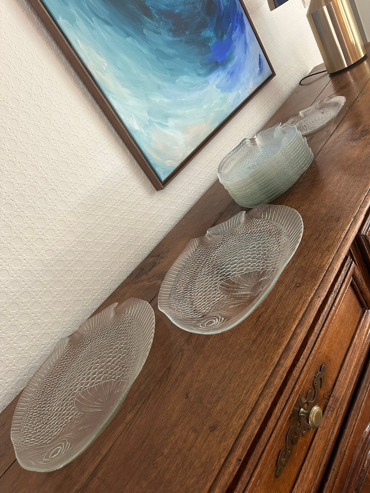Vintage visborden/serveerschalen POISSON 16-delig, Huis en Inrichting, Ophalen, Vintage, Bord(en), Glas