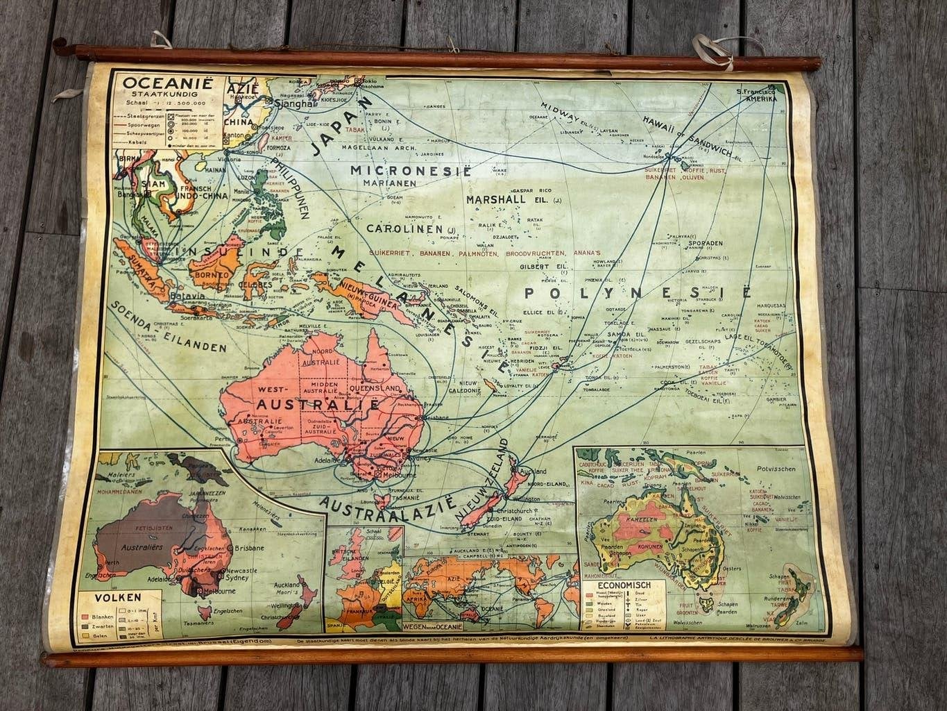 Vintage schoolkaart Oceanië Natuurkundig en staatkundig, Ophalen