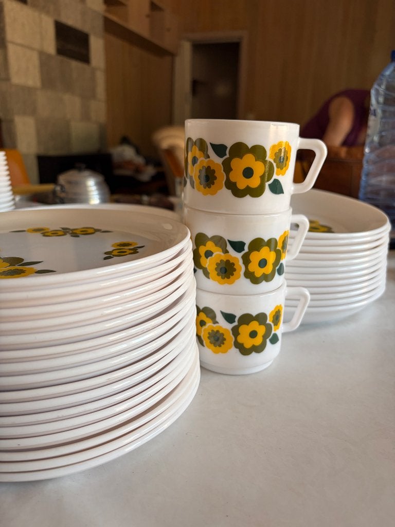Vintage retro servies met bloemenmotief (jaren 70), Ophalen, Overige materialen, Gebruikt, Overige merken