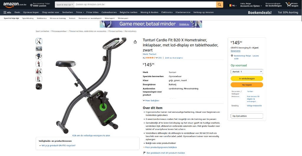 Opvouwbare Hometrainer tunturi, Ophalen, Kunststof, Gebruikt, Benen