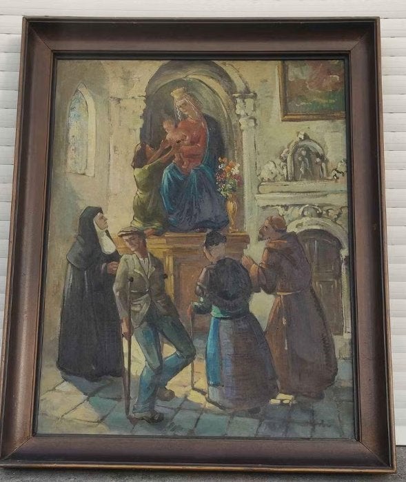 Huile sur toile la vierge marie signe ROGER COOLS, Antiquités & Art, Enlèvement, Toile