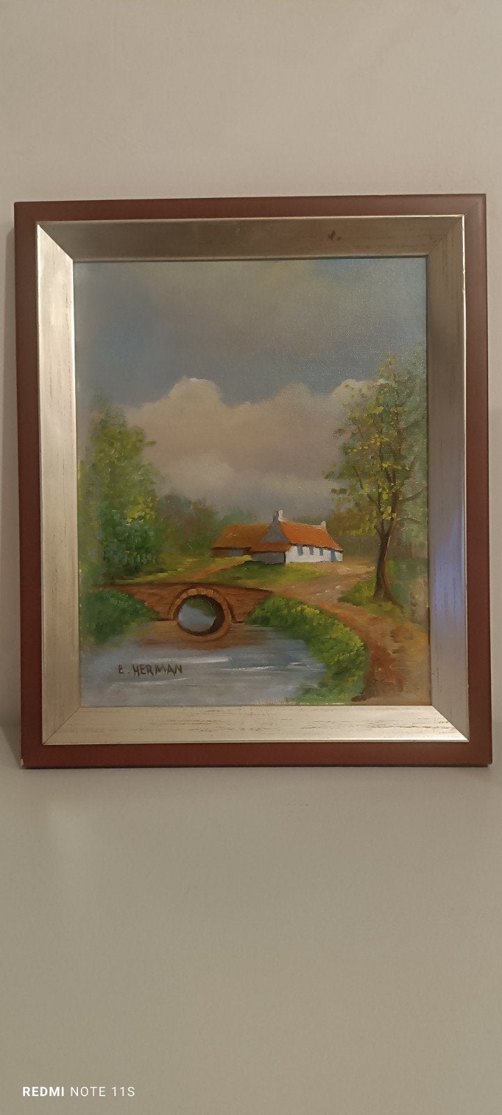 Tableau Vieux Pont de Pierre ,Chaumière au Bord de l'Eau, Signé, Peinture à l'huile, Panneau, Paysage
