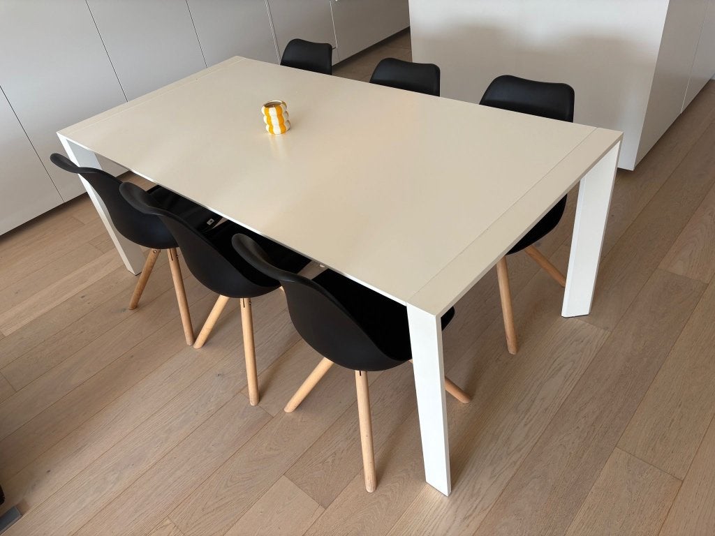 Witte eettafel + 6 stoelen, Ophalen, Gebruikt, 50 tot 100 cm, 150 tot 200 cm