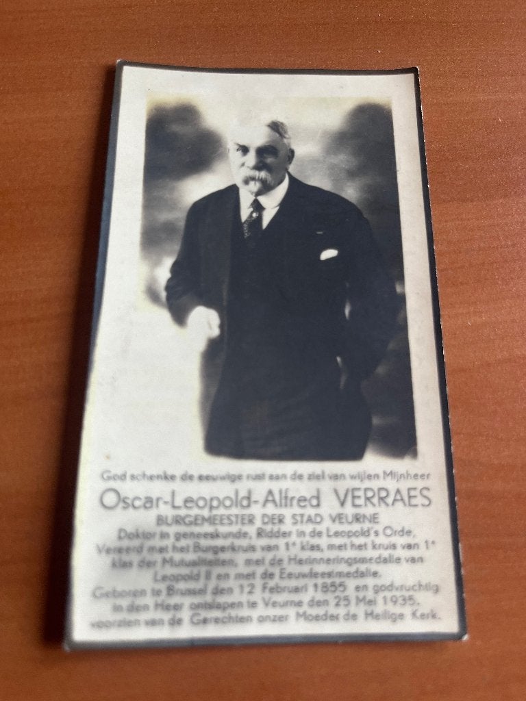O.Verraes  Brussel 1855 + Veurne 1935 -Burgemeester Veurne, Verzenden, Rouwkaart