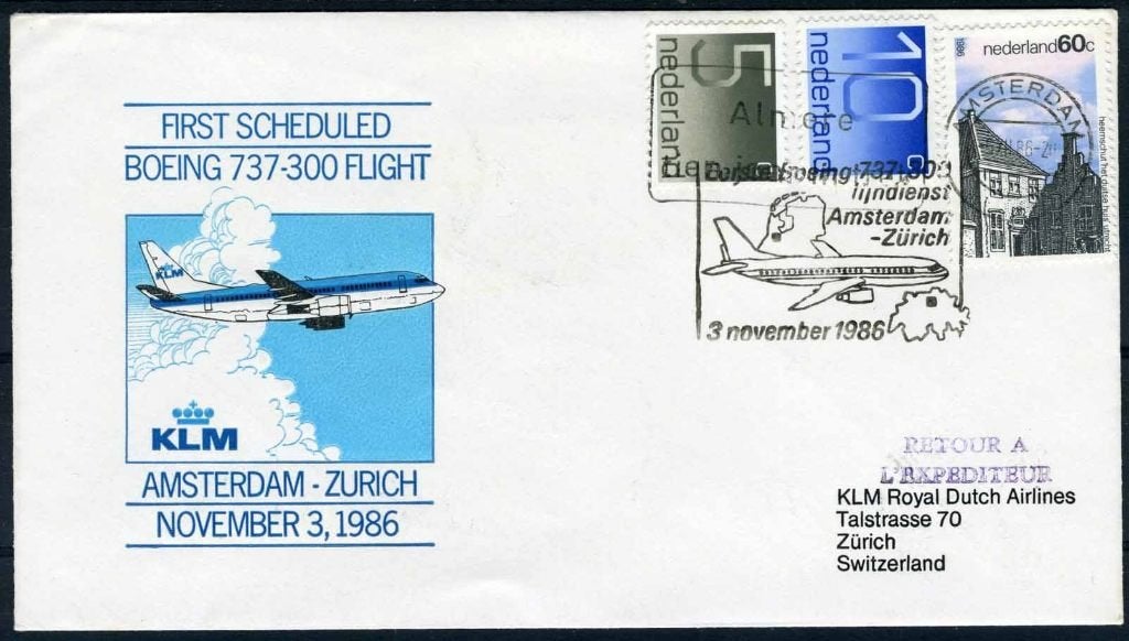 NEDERLAND 1e VLUCHT Boeing 737-300 AMSTERDAM - ZURICH, Verzenden, Na 1940, Gestempeld
