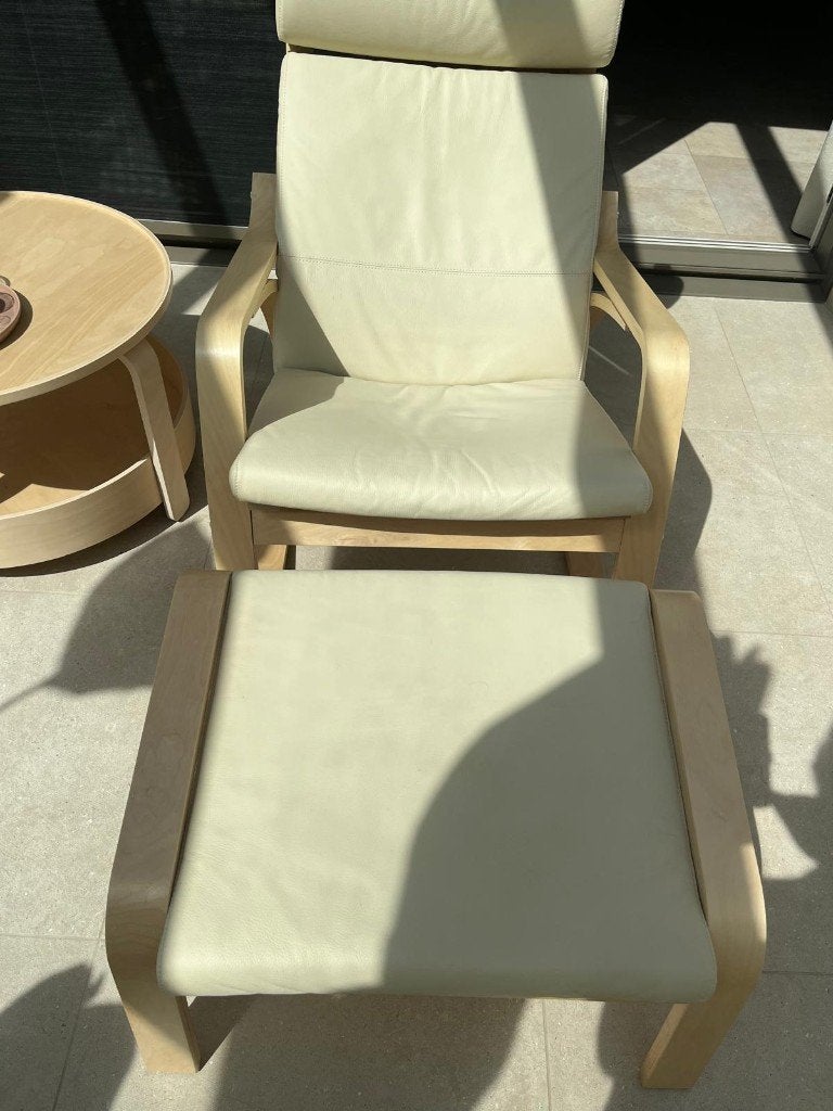 schommelstoelen met voetbank in leder beige, Comme neuf, Enlèvement, 50 à 75 cm, Rectangulaire