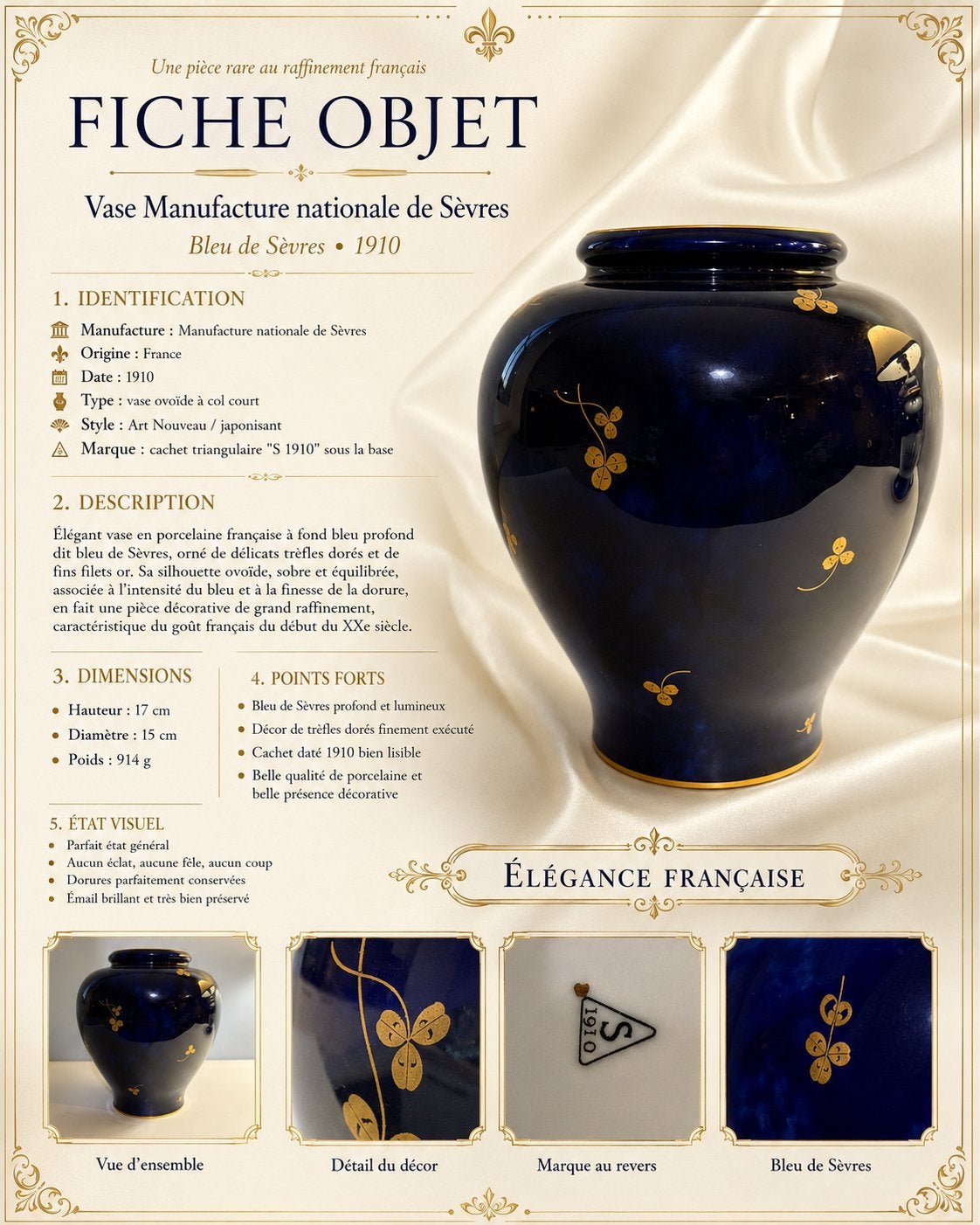 Vase Sèvres 1910 – Bleu de Sèvres & trèfles dorés, Antiquités & Art, Antiquités | Céramique & Poterie, Enlèvement ou Envoi