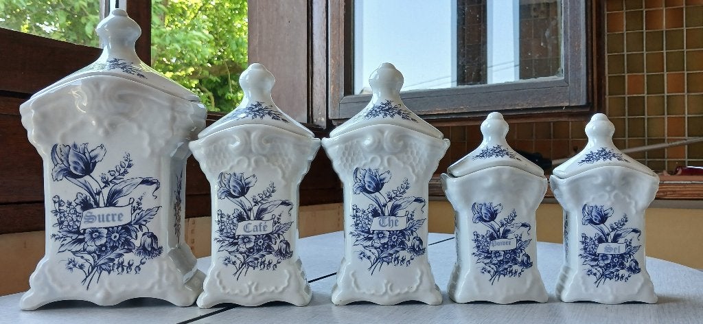 5 Pots (T. Delfts Bleau), Antiquités & Art, Antiquités | Céramique & Poterie, Enlèvement ou Envoi