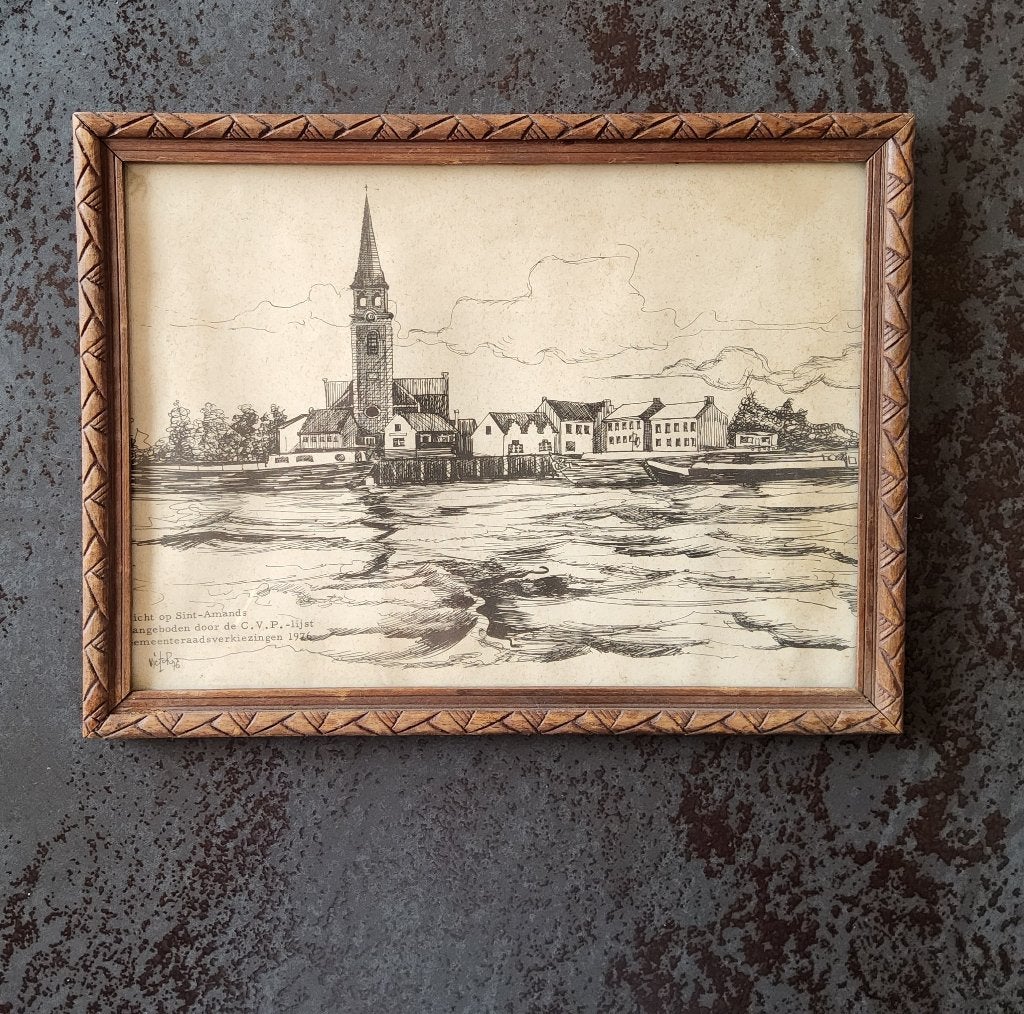 Zicht op Sint-Amands 1976, Antiek en Kunst, Kunst | Etsen en Gravures, 26 cm, 1950 - 1999, Overige technieken, 19 cm