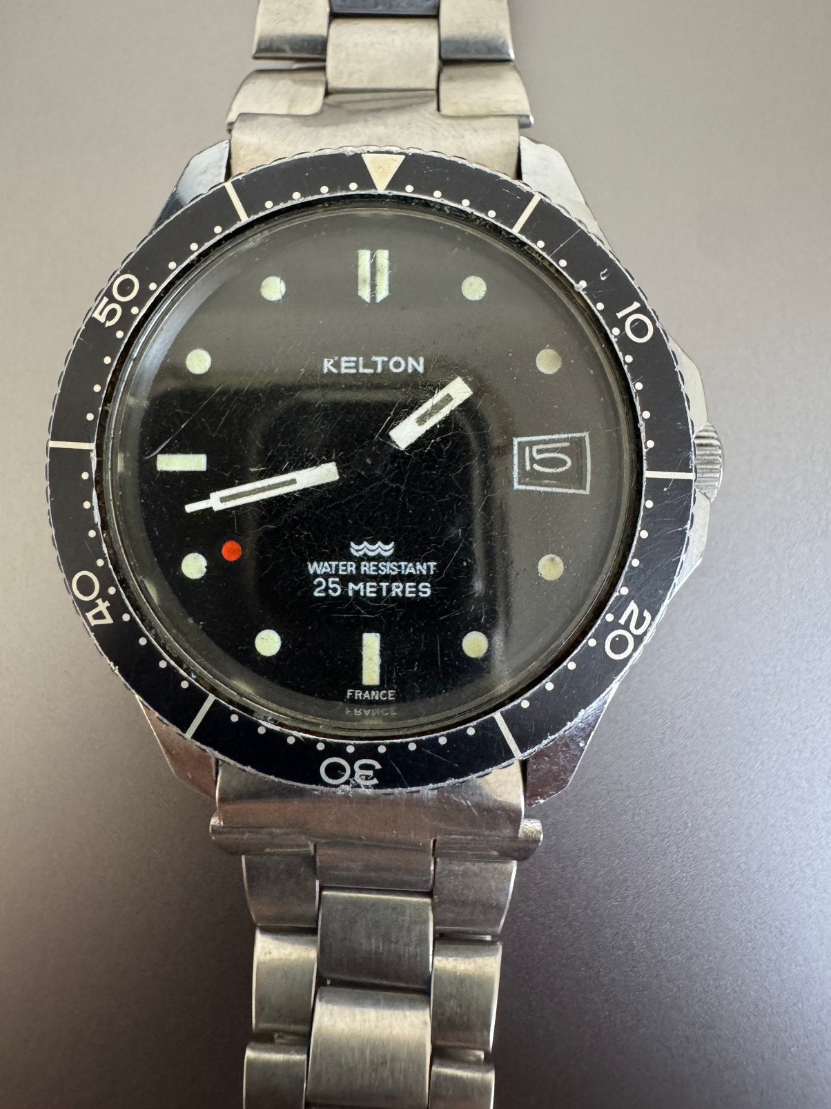 Kelton Diver Red Dot Vintage horloge — mechanisch 42 mm, Gebruikt, Zwart, Ophalen of Verzenden, Waterdicht