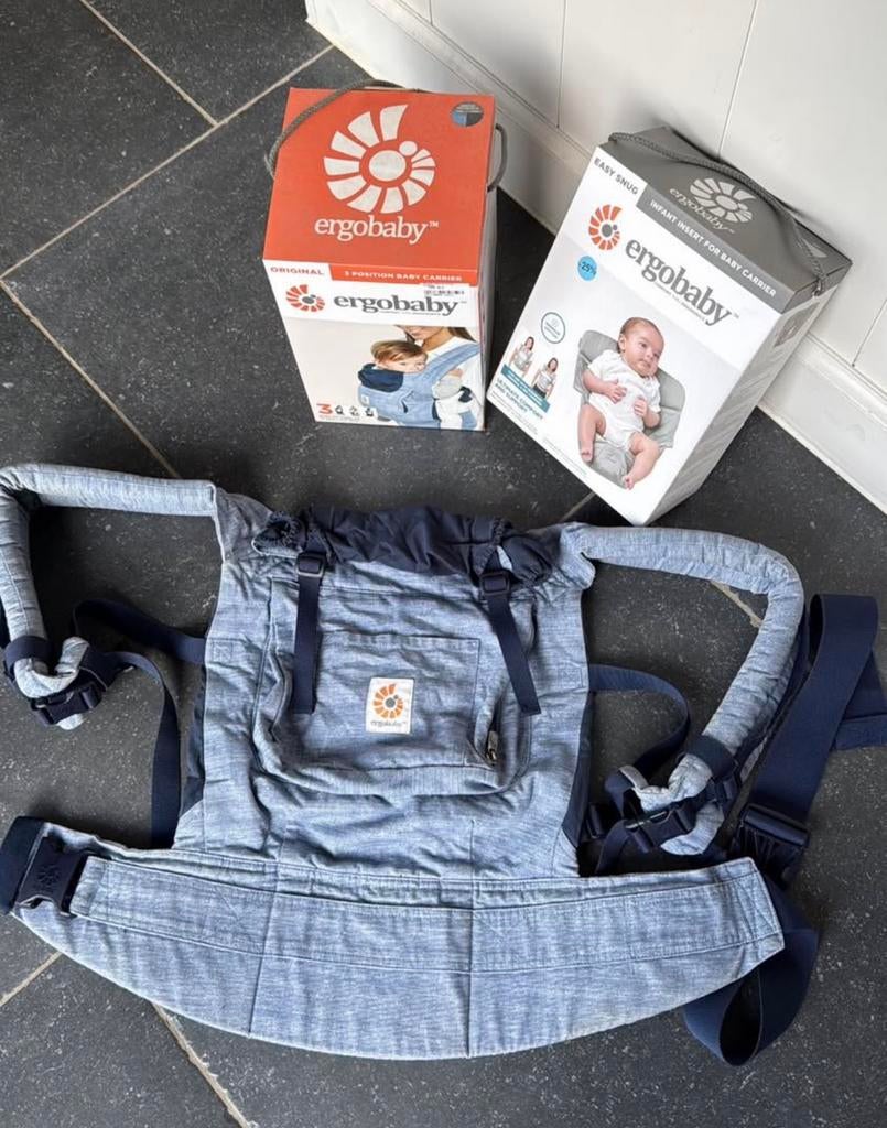 Ergobaby draagzak jeanskleur met baby inzet verklein kussen, Ophalen of Verzenden, Zo goed als nieuw, Rug, Draagzak