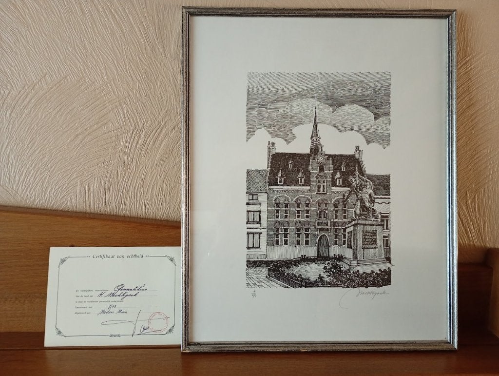 Grafieken met certificaten van monumenten uit Arendonk, Antiquités & Art, Avec verre, Enlèvement, Autres sujets, Autre technique