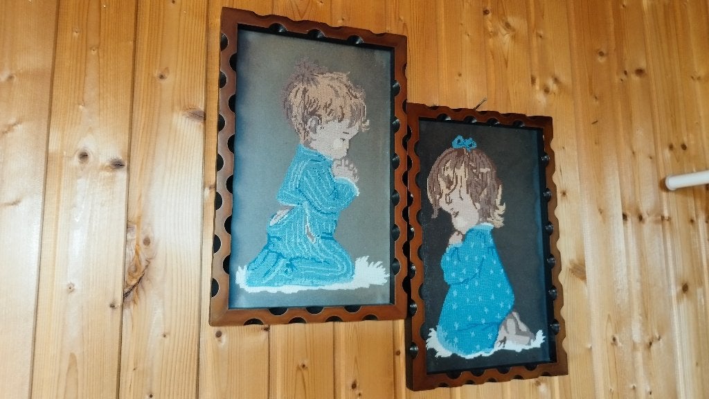 Cadres canevas vintage – Enfants en prière (Années 70/80), Fait main, Enlèvement ou Envoi, 25 cm, 39 cm