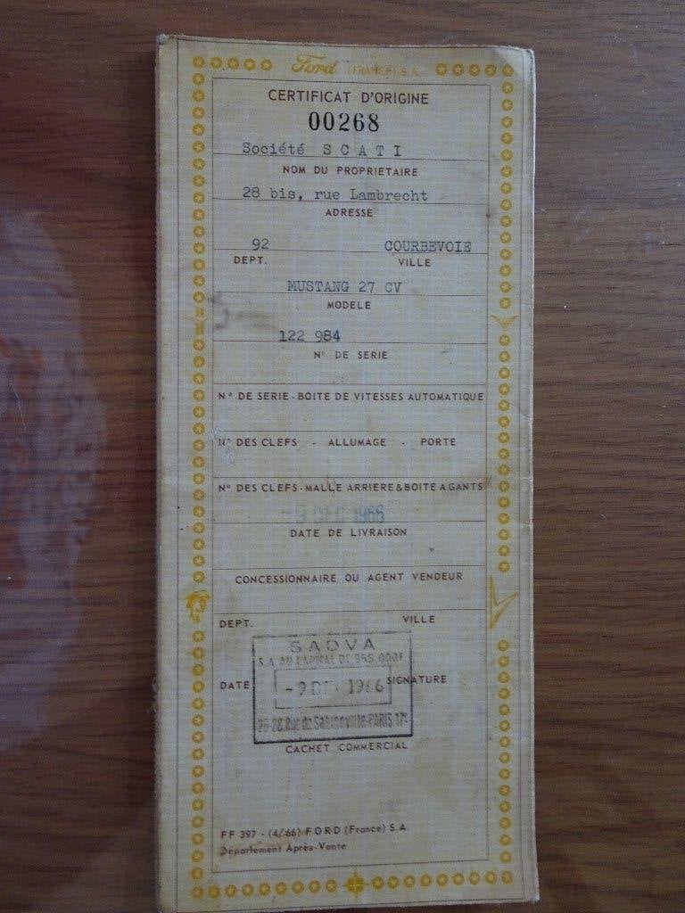 Certificat d'origine FORD Mustang 1966, Enlèvement ou Envoi