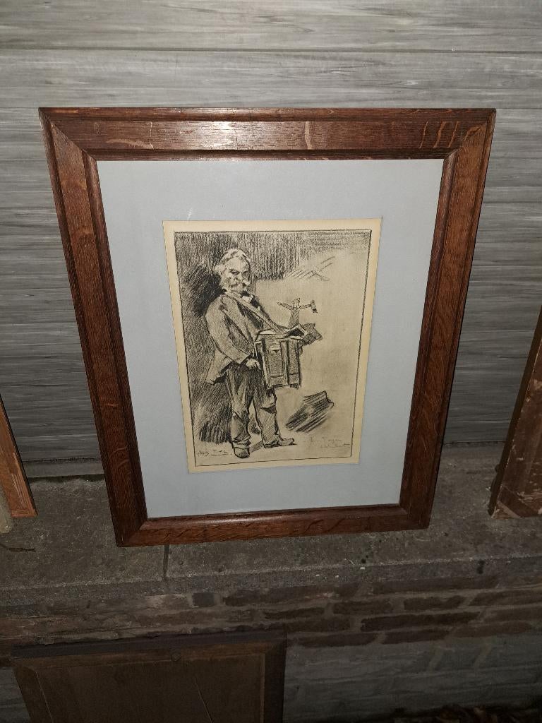 lithographie le joeur d orgue signe louis titz, Ophalen of Verzenden