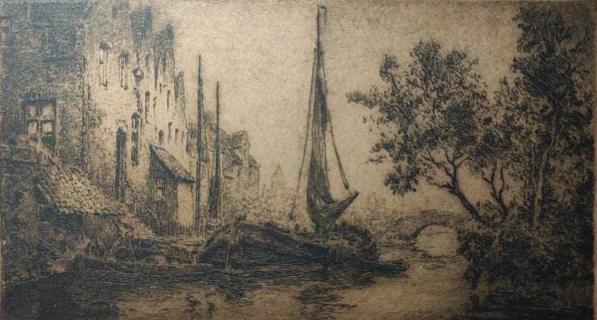 Gravure Alfred Van Neste Bruges, Eau-forte, Enlèvement ou Envoi, Paysage, 22 cm