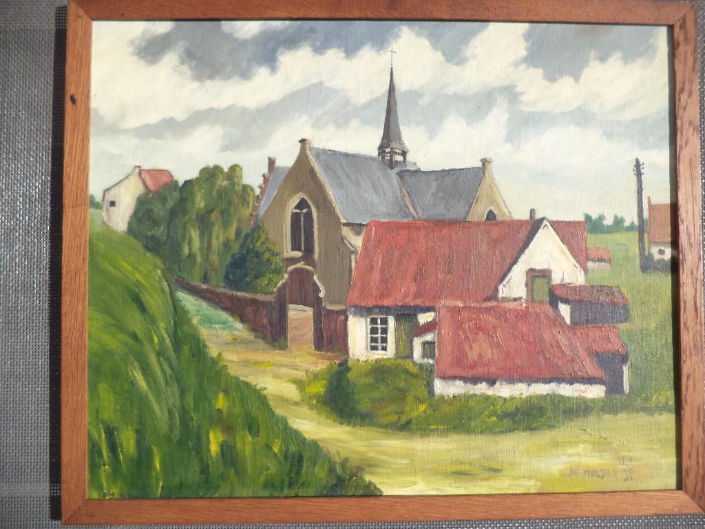 1968 olieverf schilderij Kerk van Vlassenbroek De Mulder JP, Antiek en Kunst, Ophalen