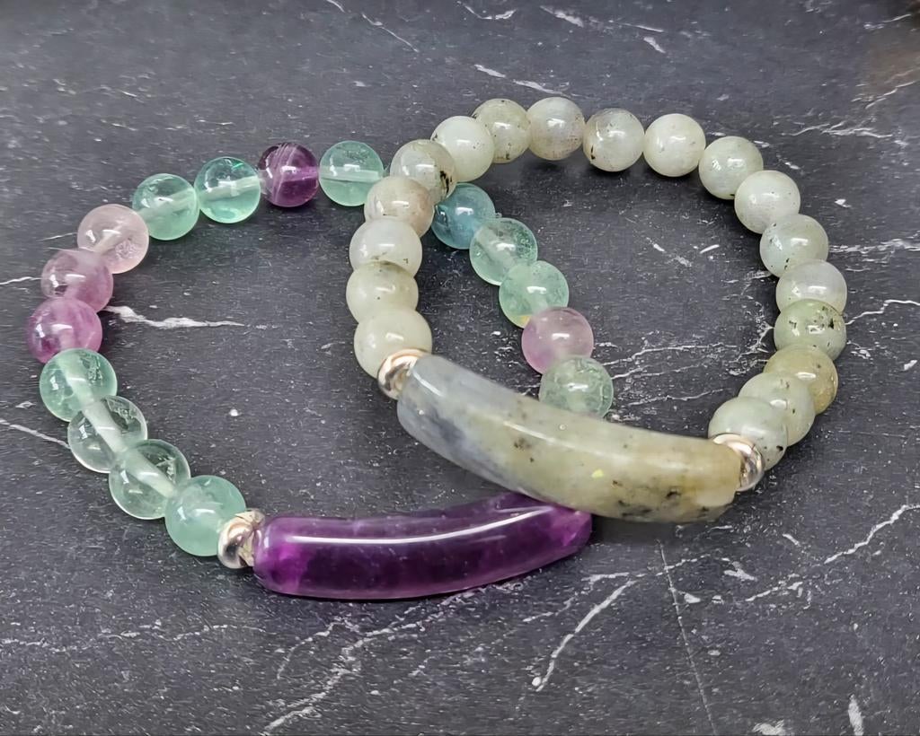 Luxe set edelsteen armbanden – Fluoriet & Labradoriet, Ophalen of Verzenden