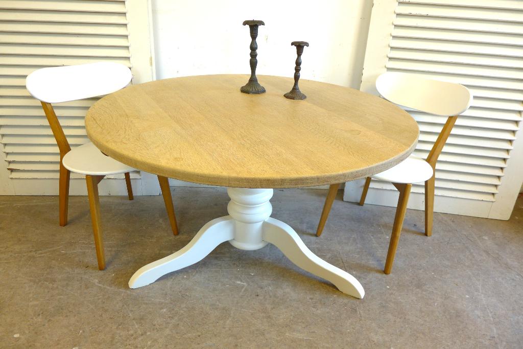 Prachtige witte landelijke ronde eiken eettafel 120 cm, Huis en Inrichting, Ophalen, Zo goed als nieuw, Vijf personen of meer