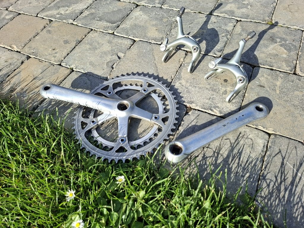 Vintage Shimano 105 Crankstel Velgremmen pedalen, Fietsen en Brommers, Ophalen, Gebruikt, Remmen