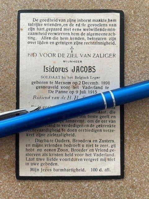 14-18 MerksemJACOBS Gewond Ramskapelle en overleden DE PANNE, Ophalen of Verzenden, Bidprentje