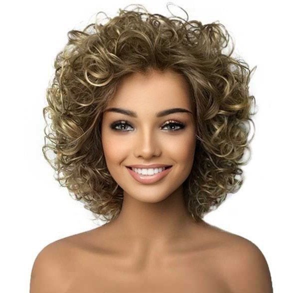 Mooie volle pruik kort krullend haar in bruin-blond mix, Enlèvement ou Envoi, Neuf