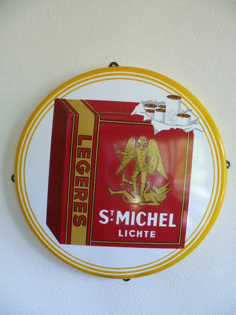 EMAILLE RECLAME BORD"ST.MICHELS LICHTE SIGARETTEN"UIT 1953, Enlèvement ou Envoi, Utilisé, Panneau publicitaire