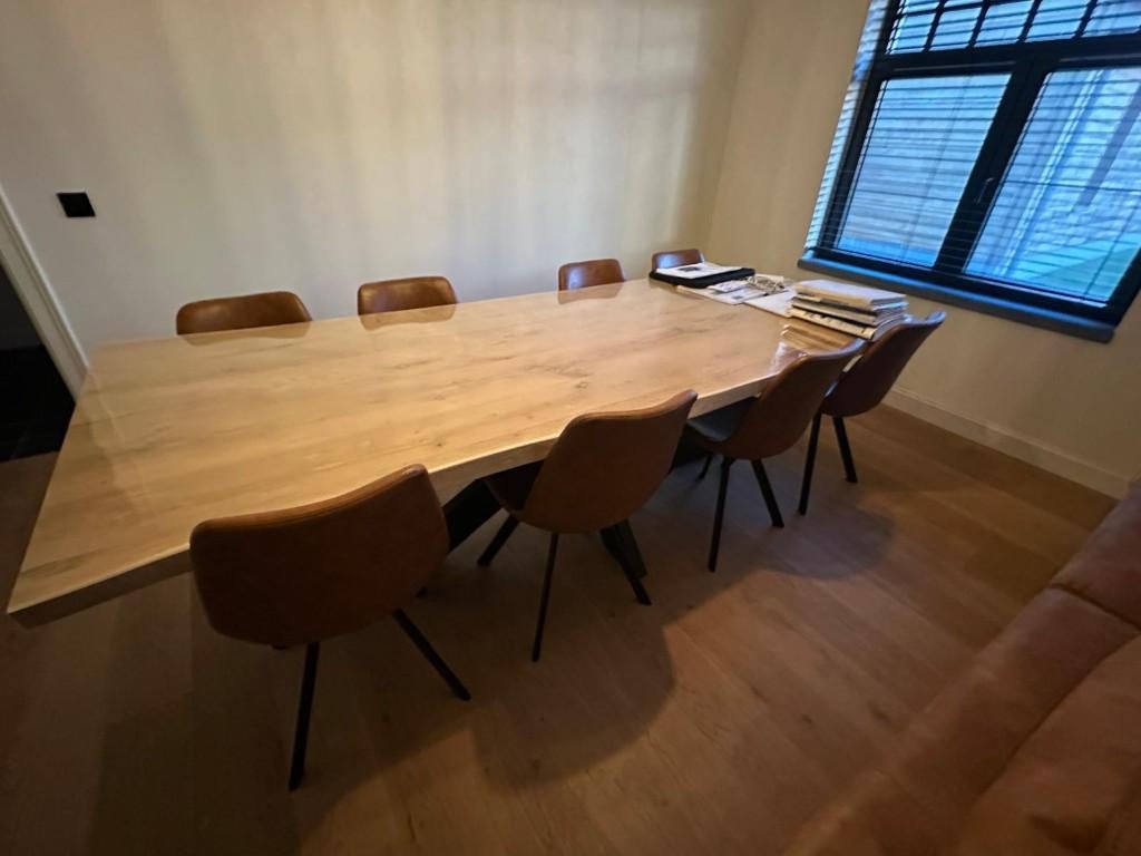 Houten Eiken boomstam Tafel met Spinpoot, Ophalen, 100 tot 150 cm, Eikenhout, 200 cm of meer