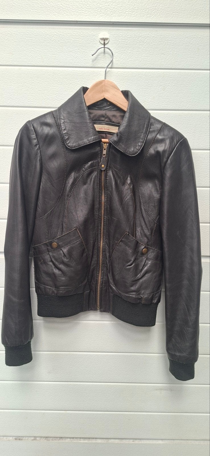 Lederen retro bruine bomberjack/blouson jas, Maat 38/40 (M), Bruin, Vero Moda, Ophalen of Verzenden