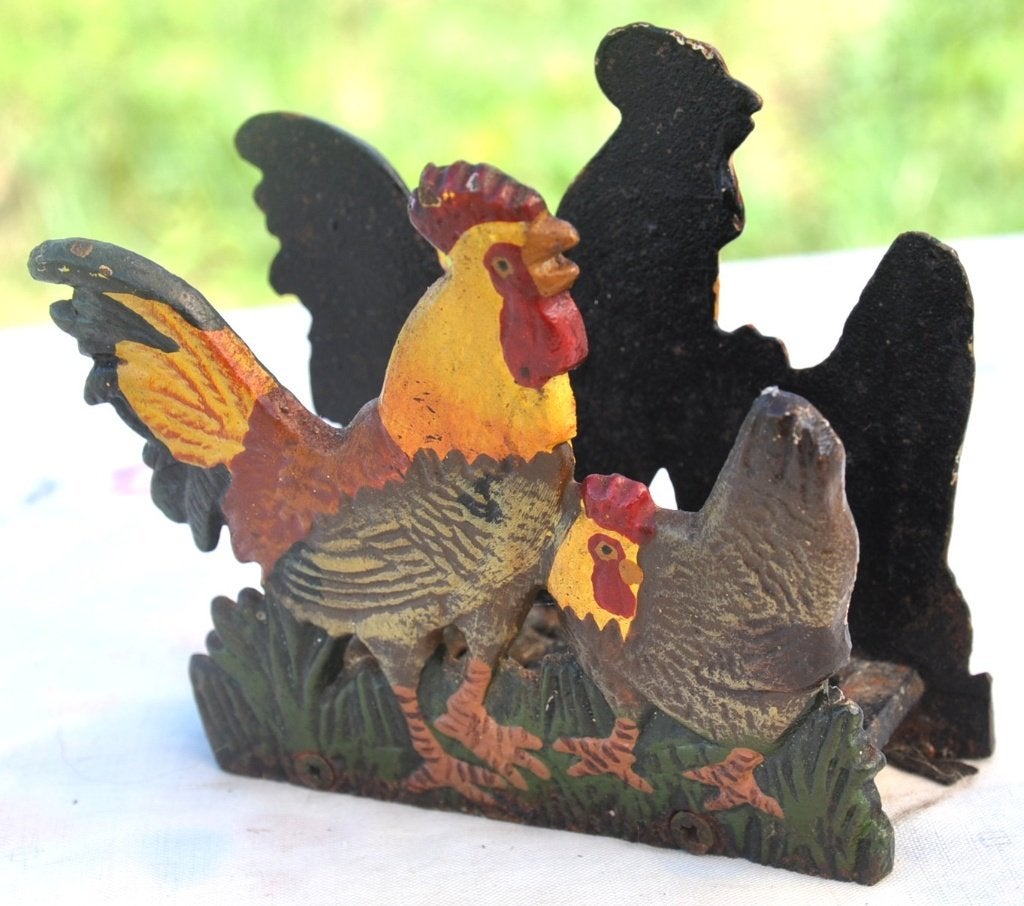 support en fonte poule et coq pour serviettes papiers, Comme neuf, Multicolore, Autres matériaux, Campagnard