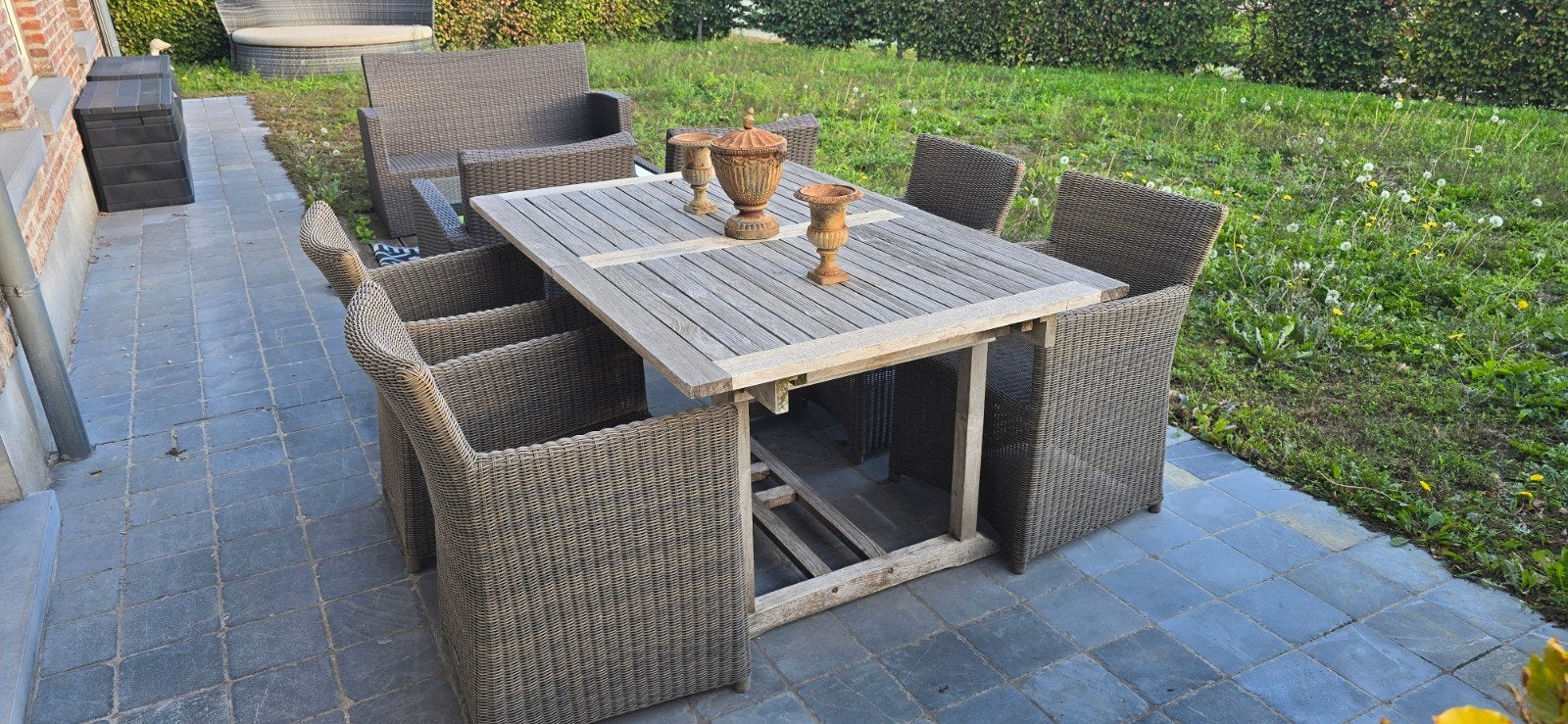4 Wicker tuinstoelen met tuintafel teak, Tuin en Terras, Ophalen, Wicker