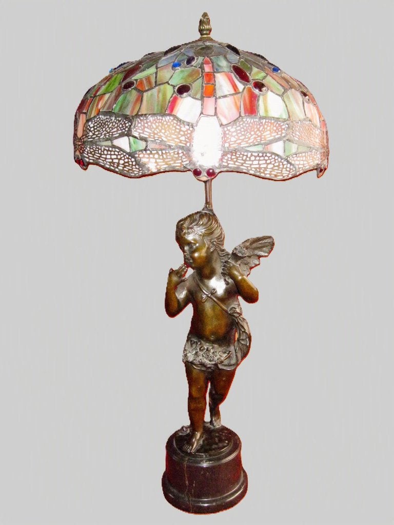 Grote bronzen beeld met Tiffanykap lamp engel in brons, Antiek en Kunst, Ophalen, Brons