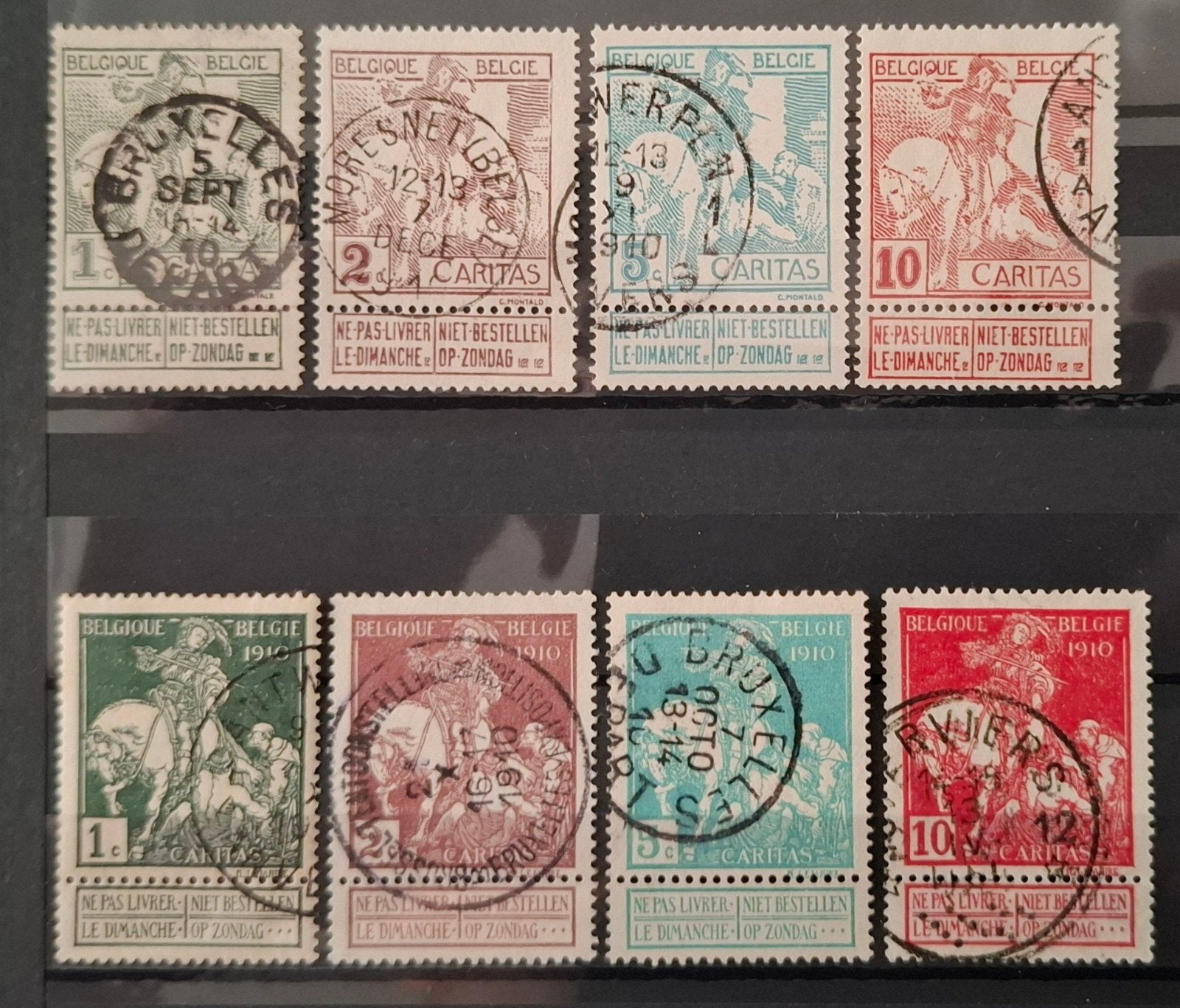 Belgique : COB 84/91 (●) Caritas 1910., Avec timbre, Enlèvement ou Envoi, Sans gomme, Affranchi