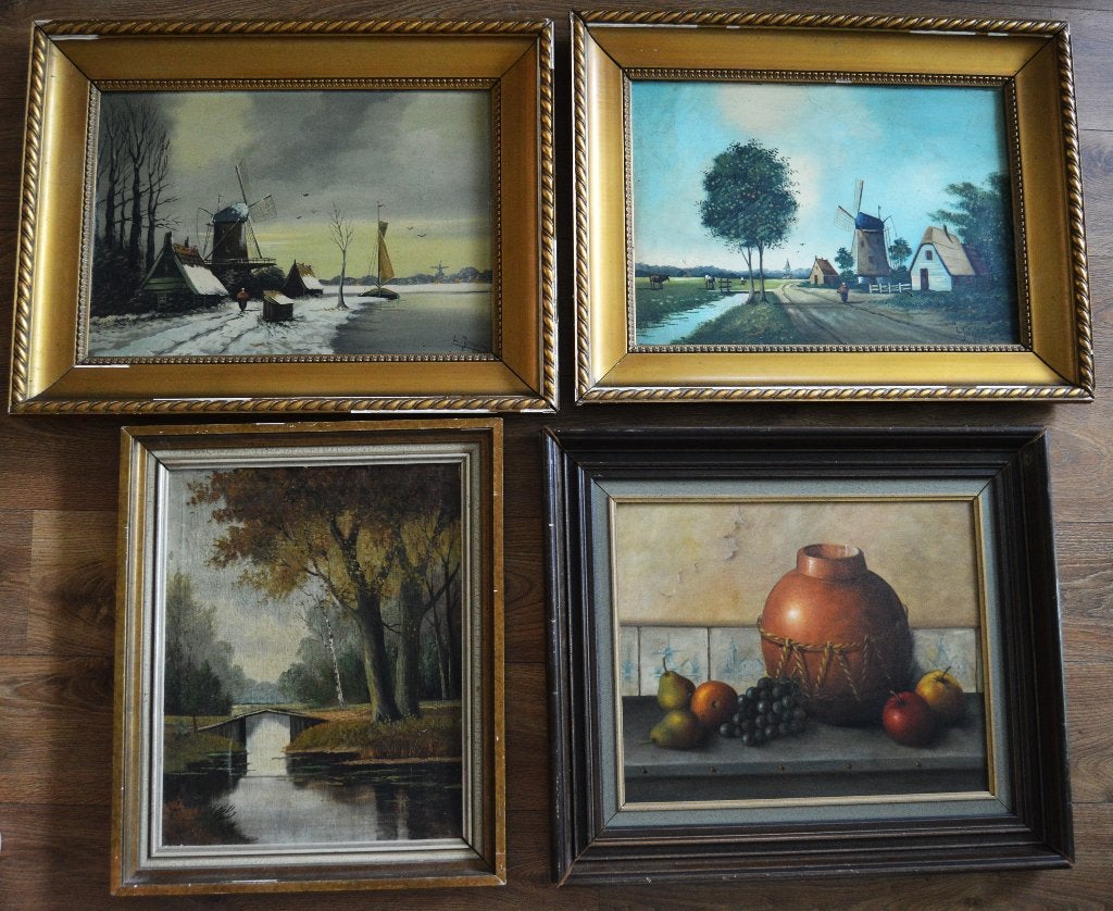 4 grote schilderijen in klassieke lijsten., Antiek en Kunst, Ophalen, Doek, Gesigneerd, Landschap