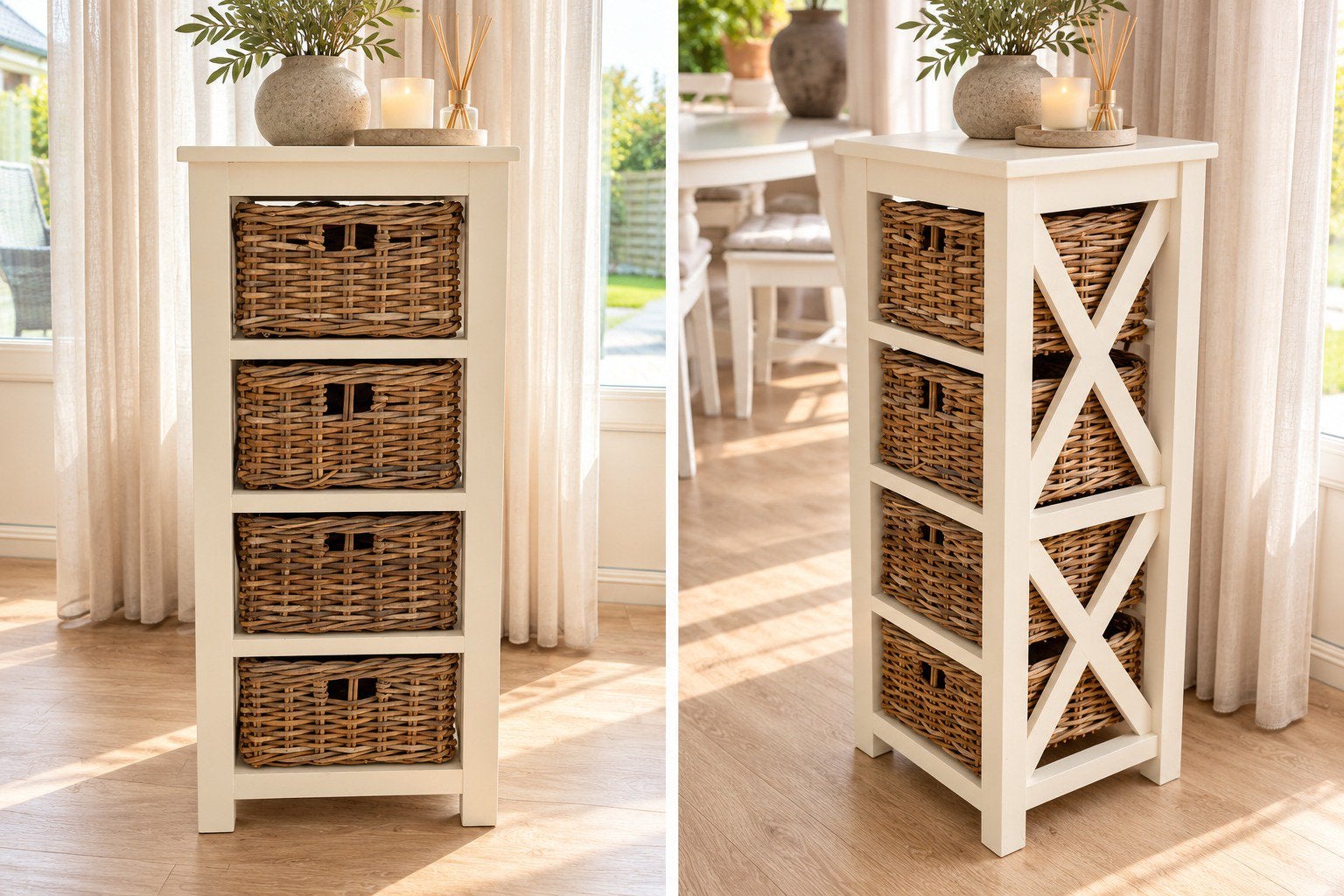 Belle étagère de rangement blanche rustique avec 4 paniers, Maison & Meubles, Enlèvement, Comme neuf