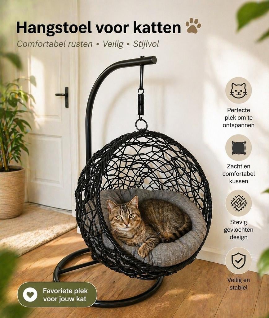 Unieke Katten Mand: Luxe Hangstoel "Egg" - Zwart met Grijs K, Ophalen, Nieuw