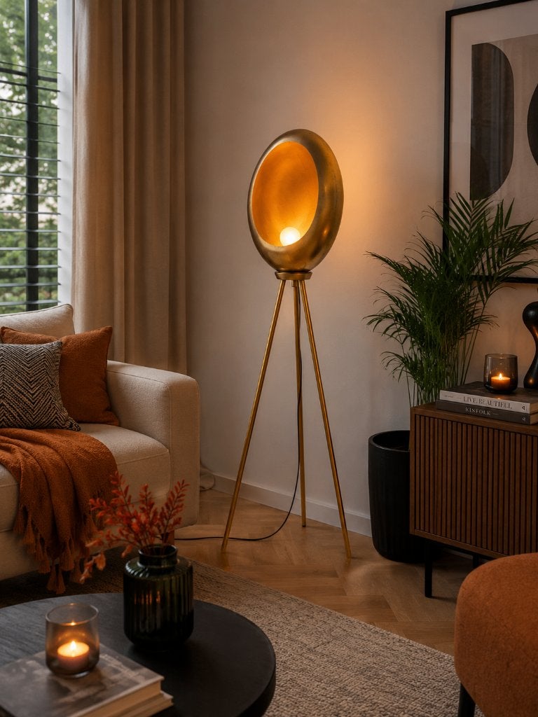 Design vloerlamp op tripod  - goudkleur, Ophalen, Gebruikt, 100 tot 150 cm, Japandi - Hotel Chic - Mid-century Modern - Hollywood Regency