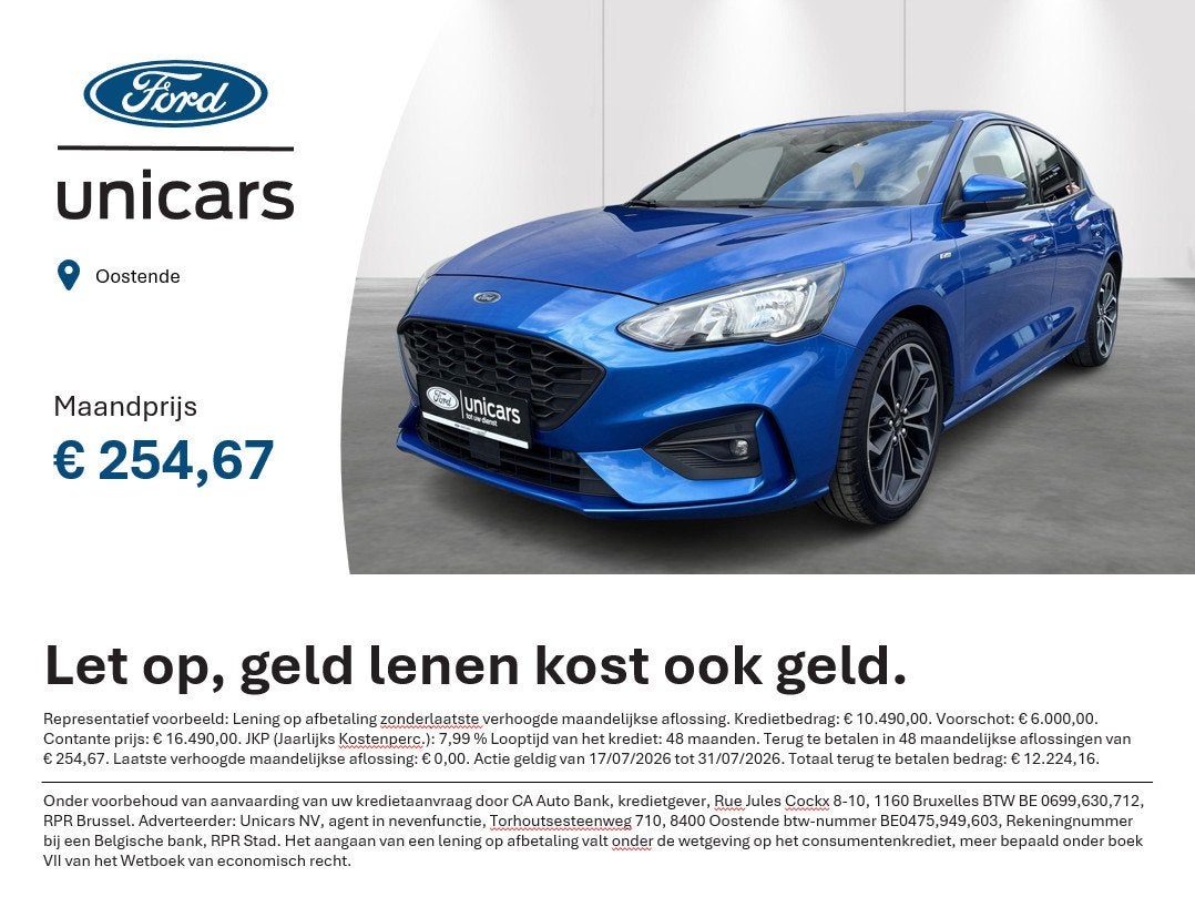 Ford Focus 1.0i EcoBoost 92kW Aut. ST-Line AUTOMAAT / NIEUWE, Auto's, Ford, Automatische klimaatregeling, Stof, Gebruikt, Blauw