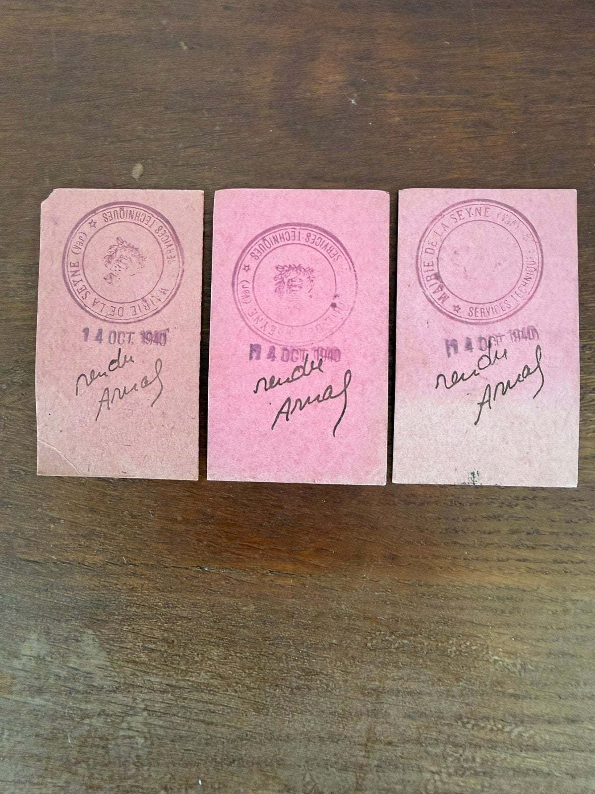 3 coupons ‘rendus armal’ ‘40 de la Mairie de la Seyne (Var), Collections, Objets militaires | Seconde Guerre mondiale, Enlèvement ou Envoi