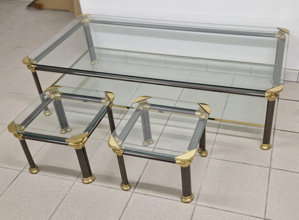 Tables en verre + chariot + étagère dorée, Ophalen, Gebruikt, Glas