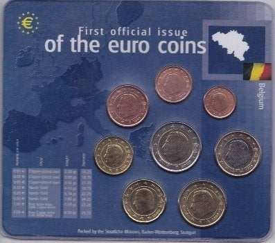 First official issue of the Euro Coins Belgium, Postzegels en Munten, Ophalen of Verzenden, België, 1 euro, Setje