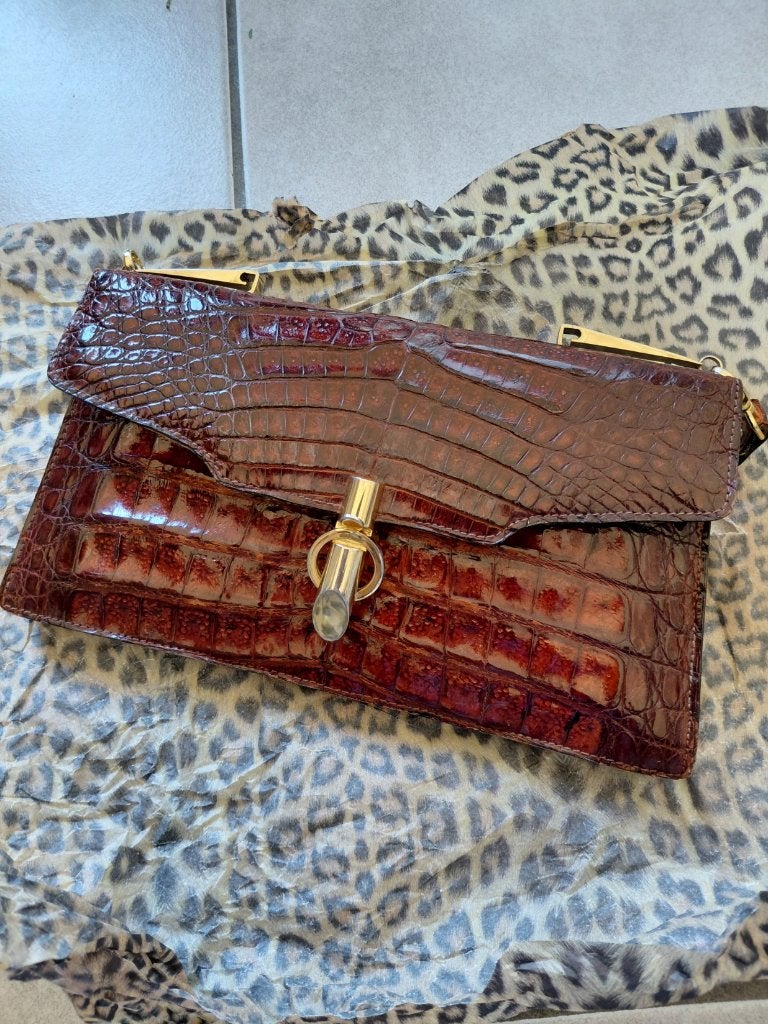 sac à main vintage en cuir de crocodile, Enlèvement ou Envoi, Utilisé, Rouge, Sac à main