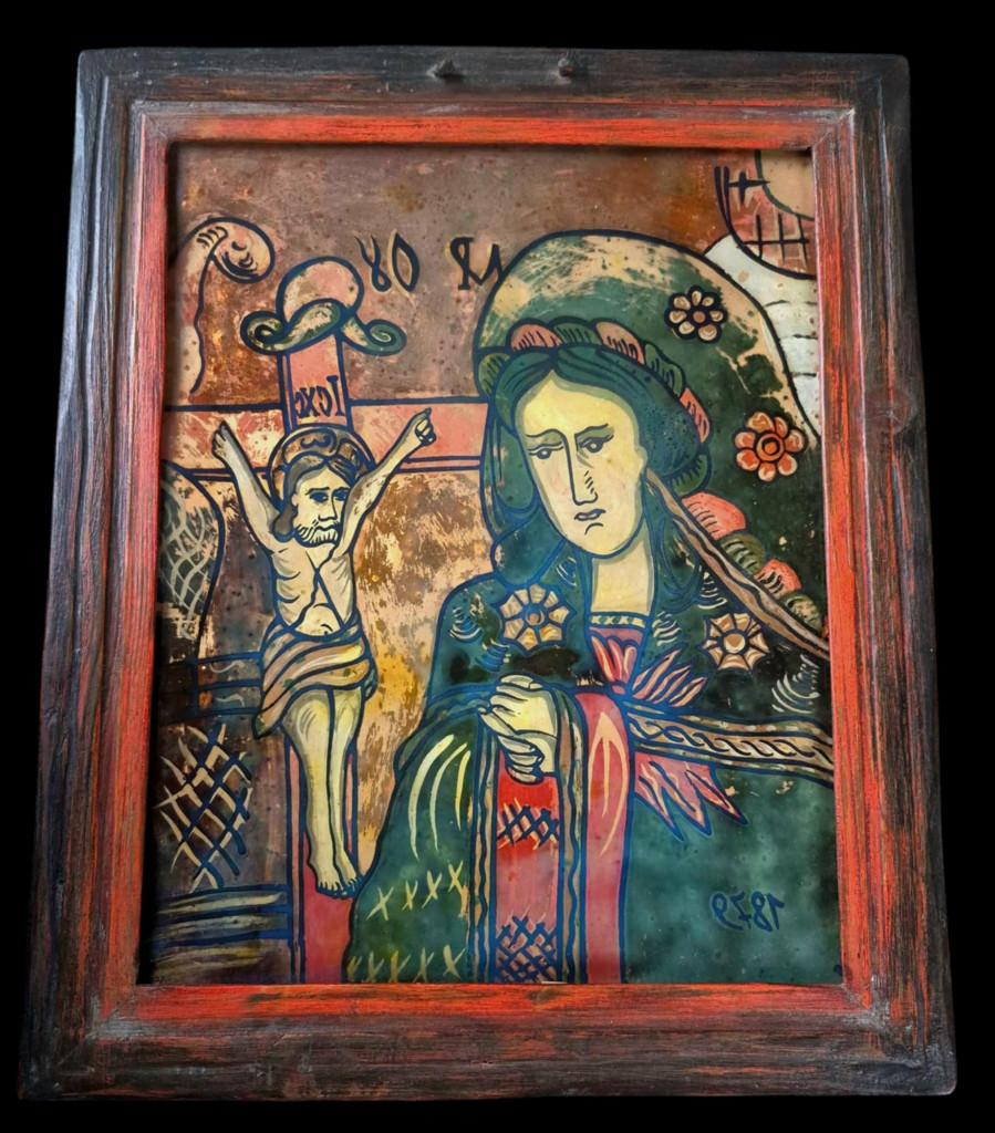Roemeens icoon Maria Moeder Gods bevestigd onder glas 42cm, Ophalen, Gebruikt