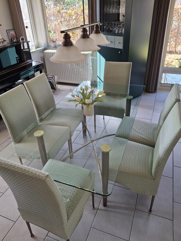 Glazen eettafel, salontafel en zes stoelen, Ophalen, Gebruikt, 50 tot 100 cm, Glas