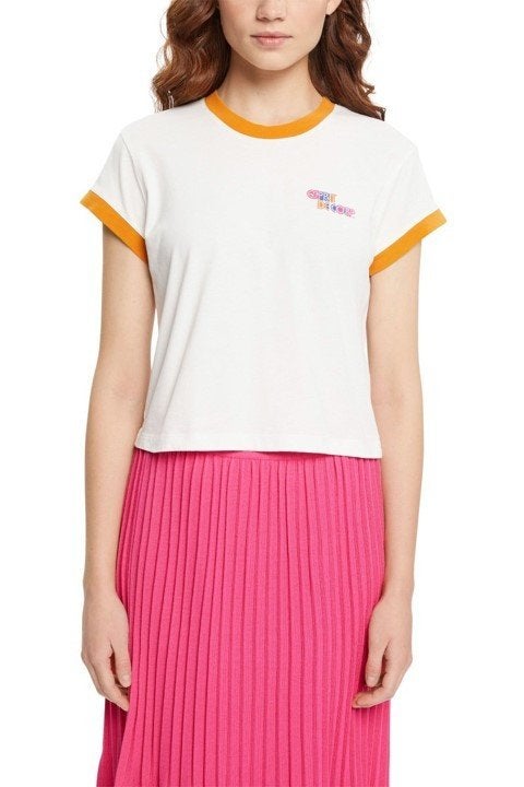Esprit T-shirt ecru crème oranje roze en blauw logo kort, Kleding | Dames, T-shirts, Beige, Maat 42/44 (L), Nieuw, Ophalen of Verzenden